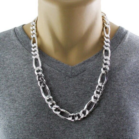 STERLING SILVER FIGARO CHAIN NECKLACE 13MM (GAUGE 350). AVAILABLE IN 5 LENGTHS. - Picture 3 of 3